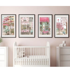 Láminas parisinas para guardería, regalo personalizado para bebé, arte mural de Vespa, 4 acuarelas de París, carteles de viajes antiguos, decoración de dormitorio de niña en rosa ruborizado