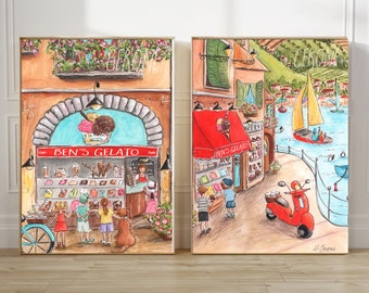 Personalized Kids Room Decor, Set Of 2 Gelato Prints, Ice Cream Wall Art, Italy Coast Painting, Colorful Ice Cream Shop Poster, Red Kitchen