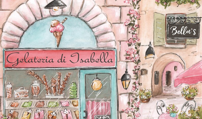 K&ouml;nnte beinhalten: Eine Aquarellillustration eines Ladenlokals mit der Aufschrift Gelateria di Isabella auf einem rosa Schild, einem Schaufenster mit Eist&uuml;ten und Beh&auml;ltern sowie einem Nachbargeb&auml;ude mit einem Schild namens Bella's, verziert mit rosa Rosen.