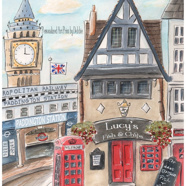 Personalized London Print, Gift for Boy Or Girl, Custom Name Baby Gift, Big Ben, Red Blue London Childs Room Decor