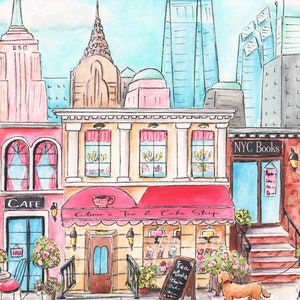 K&ouml;nnte beinhalten: Ein Aquarellbild einer Stadtstra&szlig;e mit einem Caf&eacute;, einem Tee- und Kuchenladen und einer Buchhandlung. Die Geb&auml;ude sind in Rosa, Gelb und Blau gestrichen. Vor den Gesch&auml;ften stehen Blumen in T&ouml;pfen. Ein Hund geht die Stra&szlig;e entlang.