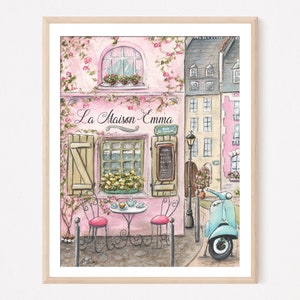 パーソナライズされたLa Maison Roseの水彩画ポスター、フランスの屋根、旅行用のウォールアート、ピンクの女の子の部屋の装飾、カスタムベビーネーム、パリのモンマルトル