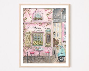 Personalized  La Maison Rose Watercolor Poster, French Rooftops, Travel Wall Art, Pink Girls Room Decor Custom Baby Name, Montmartre Paris