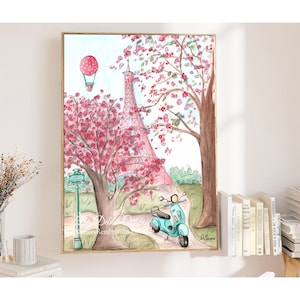 Eiffel Tower Watercolor Print, French Baby Nursery Decor, Blush Pink Cherry Blossoms, Parisian Backdrop, Travel Themed Birthday Party Gift