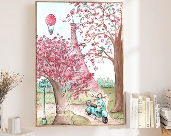 Paris Decor, Paris Nursery, Pink Eiffel Tower, Unframed, Girl Baby Gift, Pink Paris Art Print, Paris Is Always A Good Idea, Cherry Blossoms