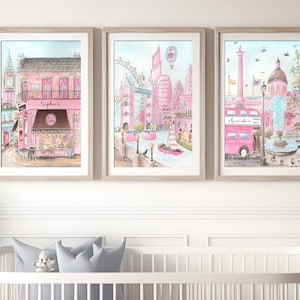 Peggy Porschen Cakes Watercolor, Set Of 3 Pink London Prints, Personalized Baby Shower Gift, Travel Nursery Art, Birthday Gift Toddler Girl