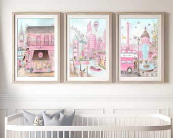 Peggy Porschen Cakes Watercolor, Set Of 3 Pink London Prints, Personalized Baby Shower Gift, Travel Nursery Art, Birthday Gift Toddler Girl