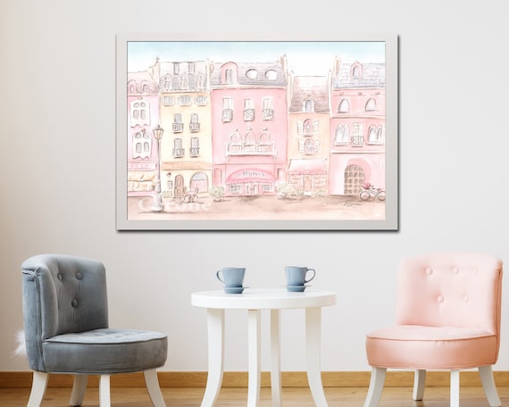 Personalized Paris Cityscape Wall Art, Cute Watercolor Print, Little Girl Pink Nursery Art, Toddler Playroom, Gift For Granddaughters Room
