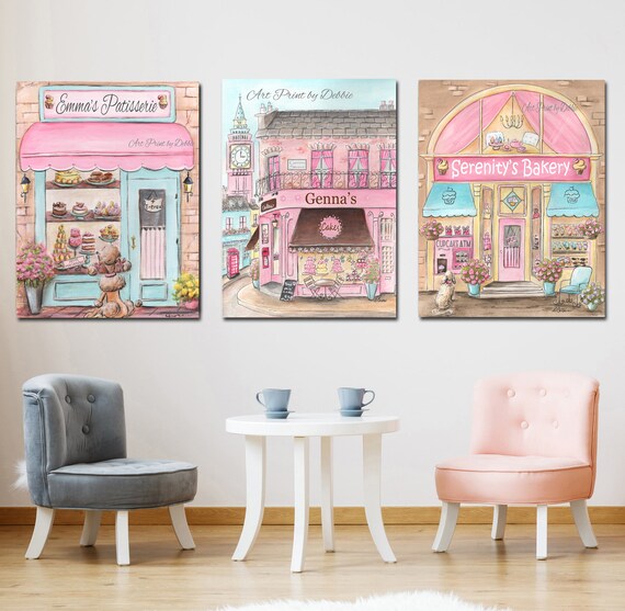 Set Of 3 Personalized Bakeries For Girls Pink Travel Bakery Cupcake Themed Bedroom Decor London Paris Unframed Fine Art Prints 7 Sizes
