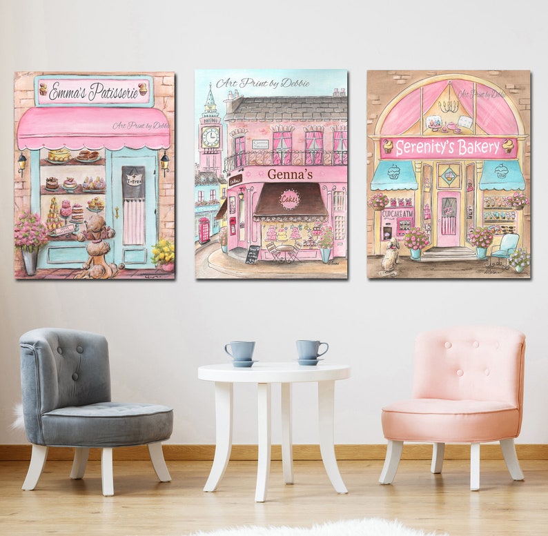 Set Of 3 Personalized Bakeries For Girls Pink Travel Bakery Cupcake Themed Bedroom Decor London Paris Unframed Fine Art Prints 7 Sizes