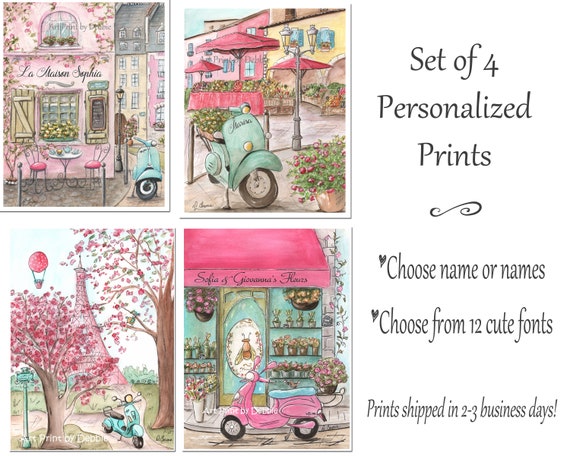 Paris Nursery Decor Set Of 4 Paris Prints Personalized Art For Girl S Pink Paris Themed Bedroom Watercolor Prints 6 Sizes 5x7 To 24x36