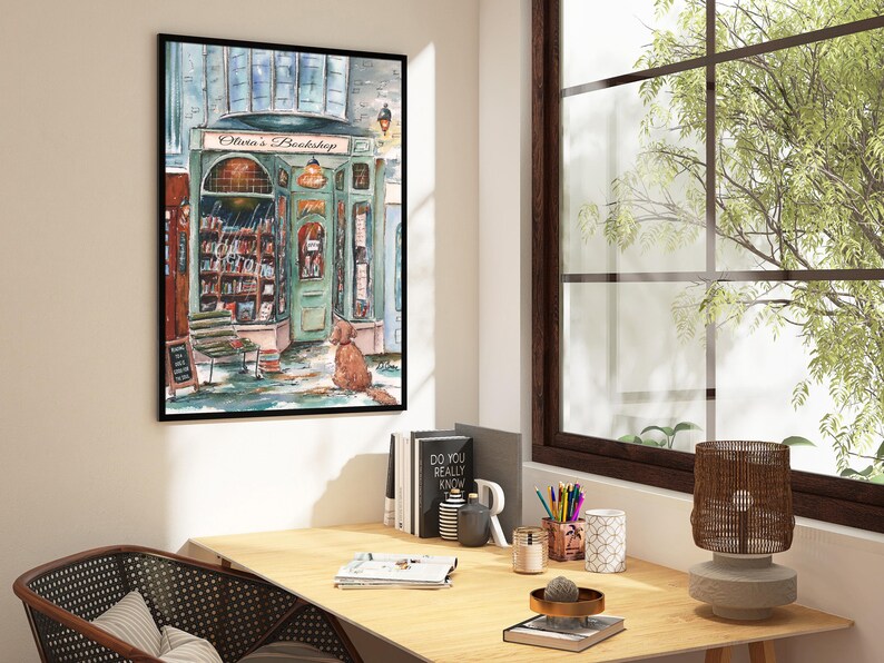 May include: A watercolor painting of a bookstore with a sign that reads "Olivia's Bookshop". A dog is sitting outside the shop in the rain.