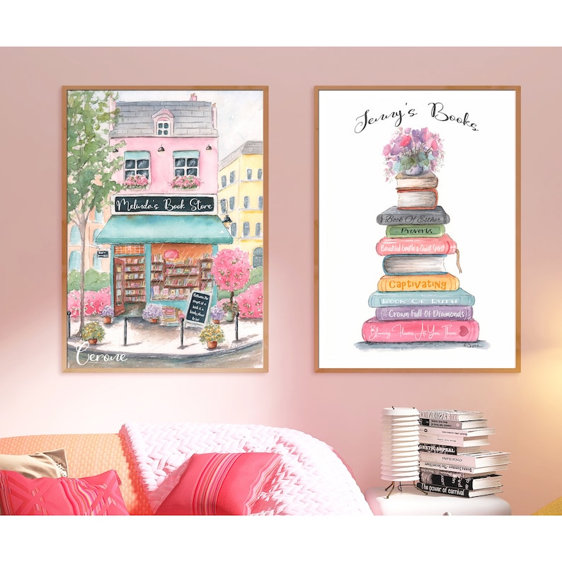 May include: Two watercolor illustrations of bookstores. The first image shows a pink building with a green awning that says "Melusdo's Book Store" and the text "Jerone" below. The second image shows a stack of colorful books with flowers on top and the text "Jenny's Books" above.