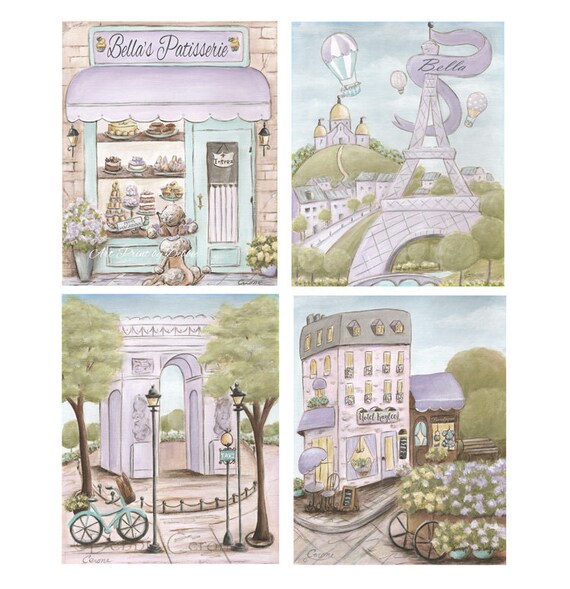 Purple Paris Girls Bedroom Nursery Prints Travel Theme Baby Shower Gift Personalized Set Of 4 Vintage Shabby Chic Lavender 5x7 To 24x36