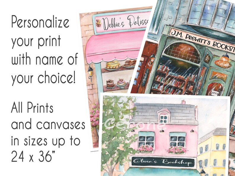 May include: A collage of three watercolor paintings depicting storefront scenes. The top left image shows a pink awning with the text "Debbie's Patiss". The top right image shows a green storefront with the text "J.M. DREWITT'S BOOKST". The bottom image shows a pink building with the text "Olivia's Bookshop".