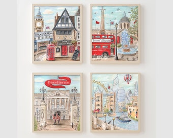London Travel Posters For Kids Room, Paddington Nursery Wall Art, British Themed Birthday Gift, London Gift For Boy, Set Of 4 Travel Prints