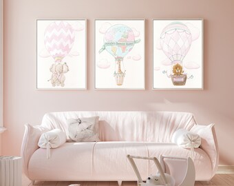 Safari Animals In Hot Air Balloons, Prints Personalized With Girls Name Or Adventure Quotes, Set Of 3, Pink Travel Themed Baby Nursery Decor