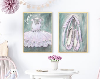 Baby Ballet Prints, Set Of 2 Ballerina Nursery Prints, Purple Toddler Girl Room, Dance Theme Gift, Cute Watercolor Wall Art For Girls Room