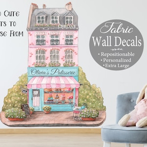 Personalized Paris Nursery Wall Decal, Girls Room Mural, Parisian Patisserie, Girls Pink Paris Bedroom decor, Paris Building, French Bakery