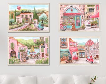 Conjunto de 4 gravuras personalizadas em aquarela da Itália para quarto de menina, decoração italiana para quarto de menina, presente personalizado com nome e tema de viagem para chá de bebê.