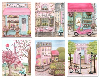 Paris Gallery Wall Prints Set Of 6, French Nursery Decor, Travel Print Set, Custom Personalized Watercolor Wall Art For Girls Pink Bedroom