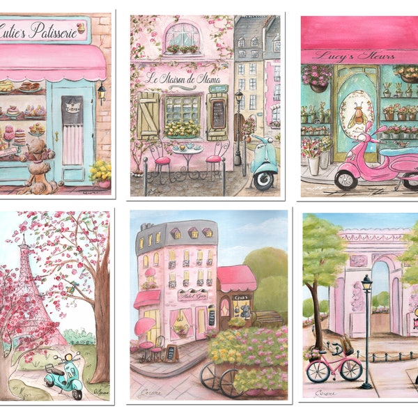 Paris Gallery Wall Prints Set Of 6, French Nursery Decor, Travel Print Set, Custom Personalized Watercolor Wall Art For Girls Pink Bedroom