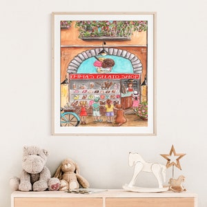 Op de afbeelding: Een aquarel van een gelatowinkel met een bord waarop "Emma's Gelato Shop" staat. Er staan kinderen voor de winkel en een hond zit op de stoep.