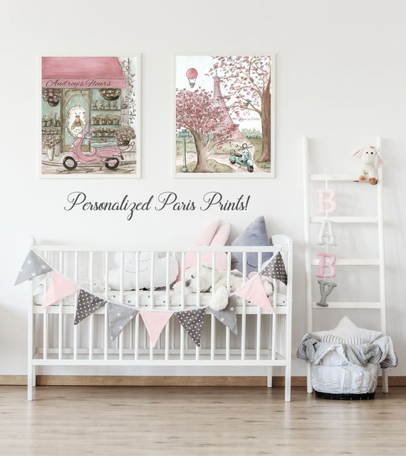 Personalized Paris Bedroom Decor For Girls Travel Themed Bedroom Gift Blush Pink Vintage Flower Shop Eiffel Tower 6 Sizes 5x7 To 24x36
