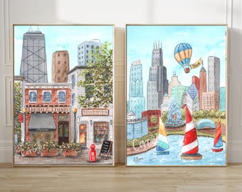 Personalized Chicago Canvas Wall Art, Kids Playroom Poster, Illinois Posters, Skyline Watercolor Print