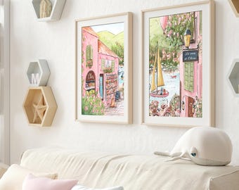 Personalized Italian Coast Travel Posters, Set Of 2 Lake Como Watercolors, Bellagio Amalfi Positano Italy Wall Decor, Baby Girl Name Prints