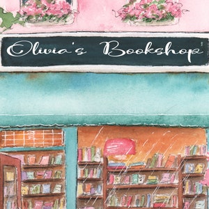 May include: A watercolor painting of a bookstore with a green awning and the sign "Olivia's Bookshop". The storefront has a window display of books and a sign that says "Rare Books".