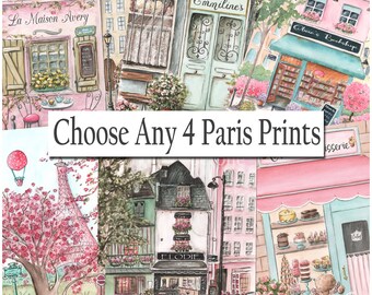 Paris Watercolor Prints For Girls Room, Personalized Gift For Tween Girl, French Nursery Wall Art, 4 Travel Posters For Parisian Bedroom