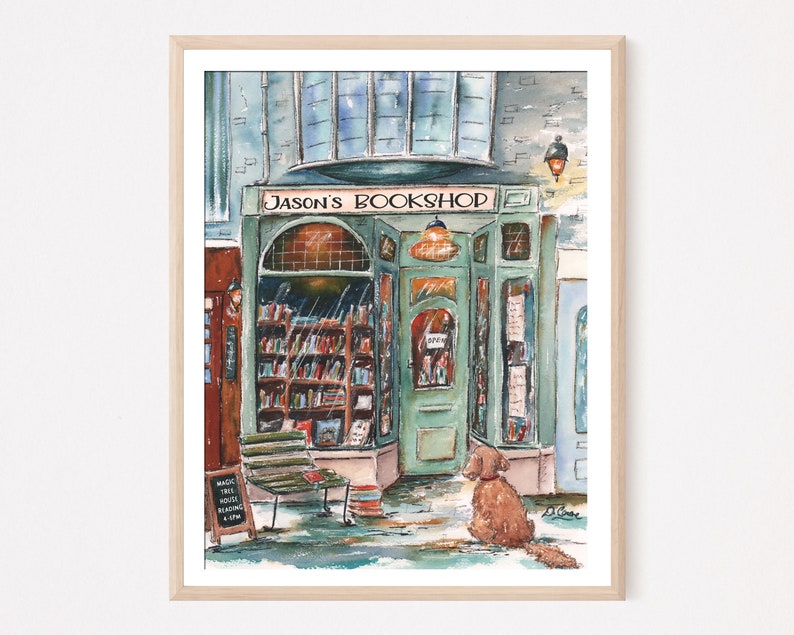 May include: A watercolor painting of a bookstore with a green door and a sign that reads "Jason's Bookshop". A brown dog sits outside the shop, looking at the door. There is a sign on the sidewalk that reads "Magic Tree Hotel Reading & Cafe".