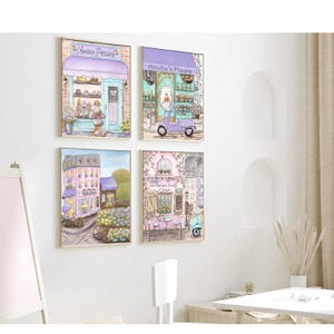 Personalized Paris Bedroom Decor, Parisian Gift,  Purple Teal Girl Nursery Wall Art, Set Of 4, French Travel Themed Party Backdrop Posters