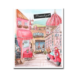 Impresión personalizada de cafetería de Florencia, Italia, arte de pared para guardería con temática de viajes a Italia, regalo de baby shower italiano, decoración de dormitorio de niña adolescente, Vespa rosa