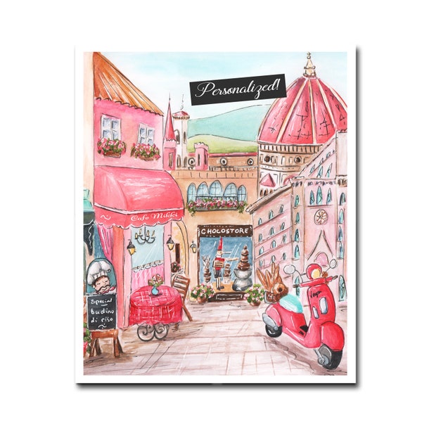 Personalized Florence Italy Cafe Print, Italy Travel Theme Nursery Wall Art, Italian Baby Shower Gift, Teen Girl Bedroom Decor, Pink Vespa