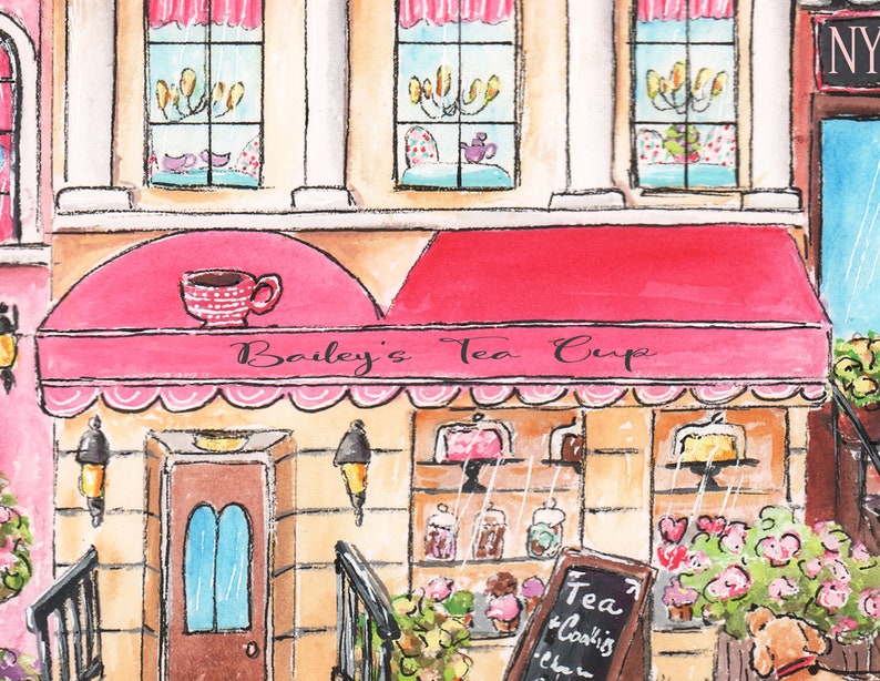 K&ouml;nnte beinhalten: Eine Aquarell-Illustration eines rosafarbenen Vordachs mit dem Text "Bailey's Tea Cup" &uuml;ber einem Ladenlokal mit einer T&uuml;r und Fenstern. Das Ladenlokal hat ein Schild mit der Aufschrift "Tea Cookies & more".