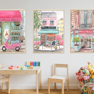 Paris Nursery Decor, Personalized Girls Room Wall Art, Pink Prints Set Of 3, Parisian Baby Shower Gift, Travel Themed Bedroom, Bookshop Art