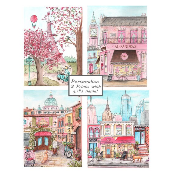 Girls Room Decor Travel Theme Set Of 4 Personalized Prints Fashion City Nursery Wall Art Paris London Rome New York Choose Font Size