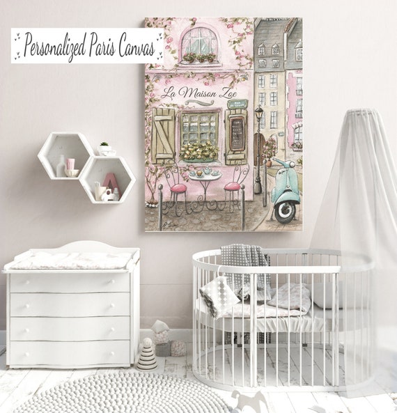Personalized Paris Canvas For Girls Travel Themed Bedroom Nursery Decor Vintage Blush Pink Shabby Chic French Baby Shower Gift 7 Sizes