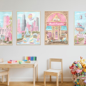 Personalized Chicago Nursery Art, Travel Theme Prints For Toddler Girl, Set Of 4 City Posters, Girls Playroom Watercolors, Chicago Skyline
