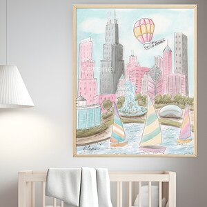 May include: A watercolor painting of the Chicago skyline with sailboats on a lake, a hot air balloon, and the text "Chicago" in the sky.