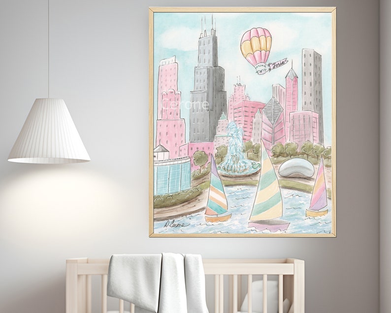 May include: A watercolor painting of the Chicago skyline with sailboats on a lake, a hot air balloon, and the text "Chicago" in the sky.