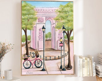 Arc de Triomphe Print, Pastel Pink Paris Bedroom Decor, Travel Nursery Wall Art, Girls Parisian Room Decor, Cute French Watercolor Painting