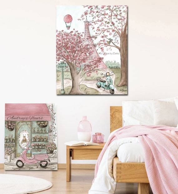 Personalized Paris Bedroom Decor For Girls Travel Themed Bedroom Gift Blush Pink Vintage Flower Shop Eiffel Tower 6 Sizes 5x7 To 24x36