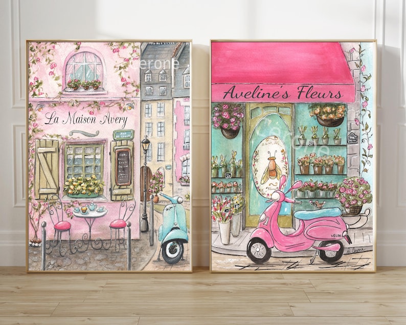 Personalized Pink Paris Artwork, French Nursery Travel Theme Wall Decor, Toddler Girls Room, Watercolor Art Prints, Set of 6, Parisian Gift image 8