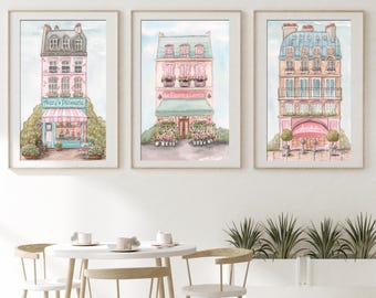 Paris Building Prints, Custom Girls Names, Pastel Watercolor Giclees 5x7 to 24x36, French Patisserie, Parisian Flower Shop, Paris Boutique