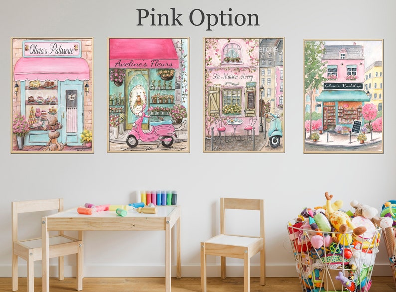 Paris Wall Art For Tween Girls Room, Set Of 4 Custom Name Prints, French Bedroom Decor, Parisian Nursery Art, Travel Theme Baby Shower Gift BRIGHT PINK