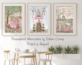Princess Wall Art, Personalized Enchanted Forest Nursery Decor, Fairy Tea Party Prints, Blush Girls Bedroom Posters, Pink Princess Castle