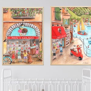Op de afbeelding: Twee aquarellen van Italiaanse winkels. De eerste afbeelding toont een gelatowinkel genaamd "Ben's Gelato" met kinderen ervoor. De tweede afbeelding toont een bakkerij genaamd "Lino's Gelato" met een rode scooter ervoor.